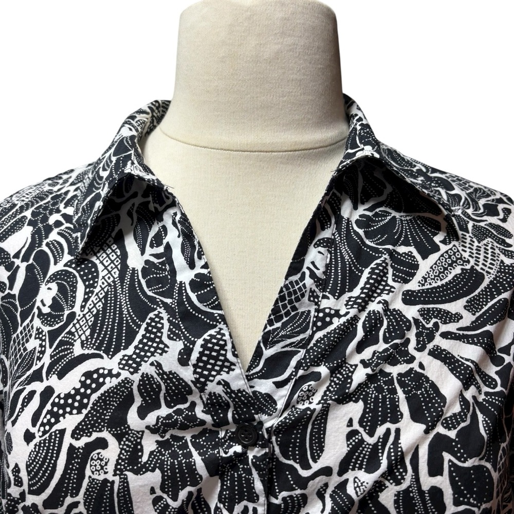 Black and White‎ Abstract Floral Button Down Tunic Shirt 3/4 Sleeve Top #799 - Picture 7 of 11